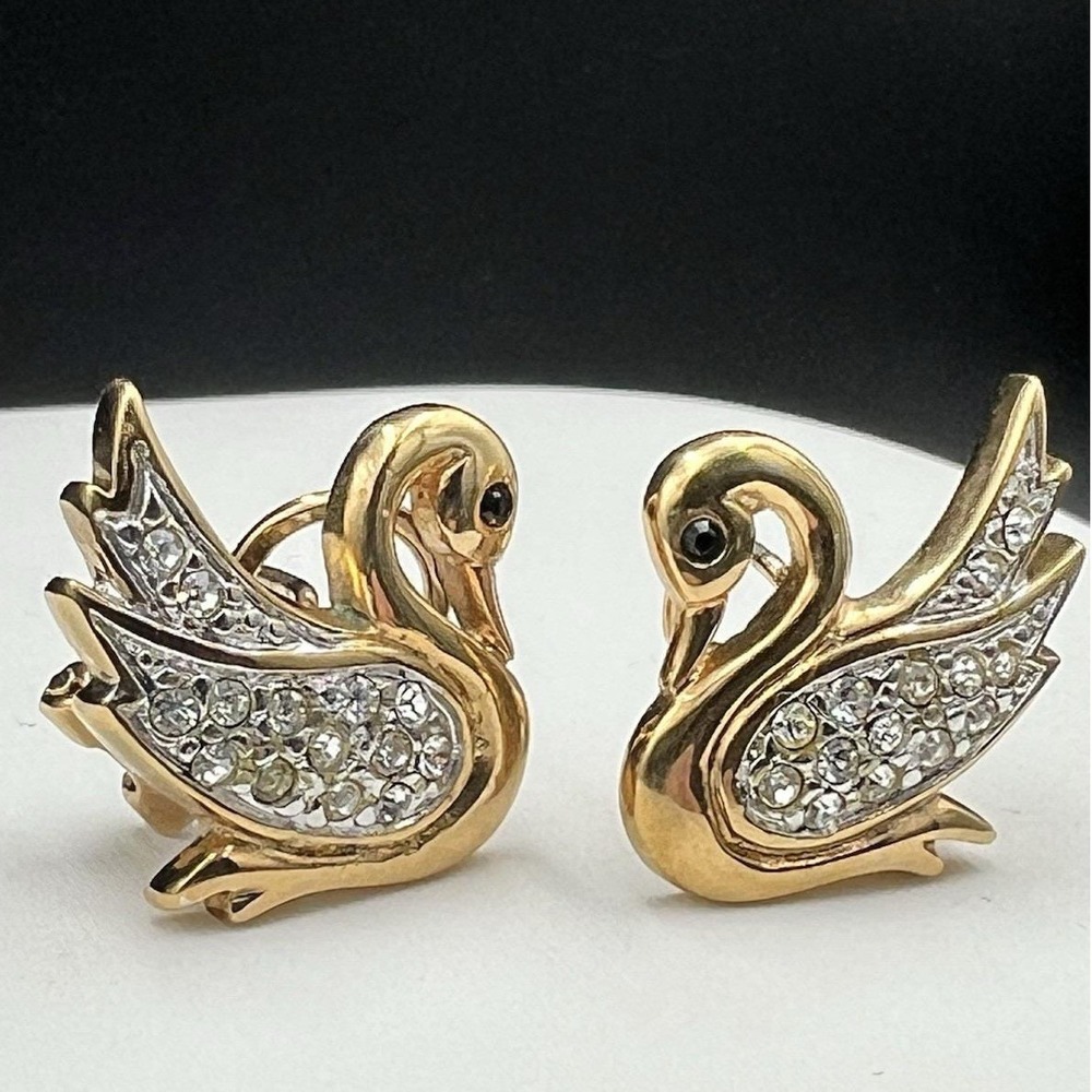 Vintage Gold Tone Rhinestone Swan Lever Back Earrings Royalcore